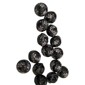 Vintage Black Glass Floral Shank Buttons Silver Luster Faceted 14pc 13mm 0.5in